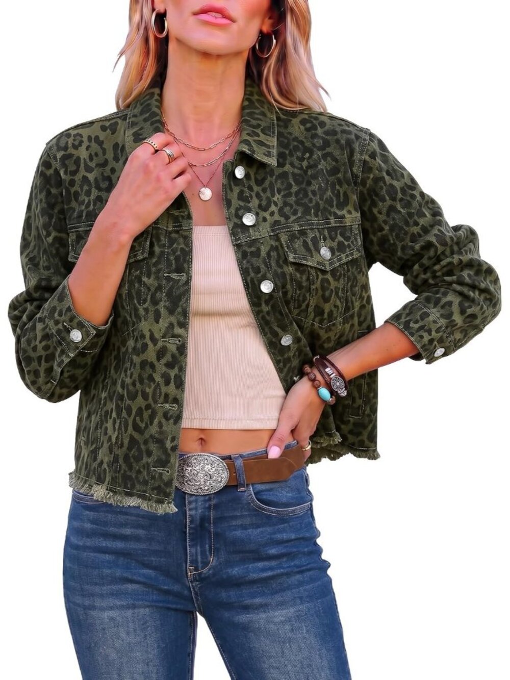 Women's Green Cheetah Print Frayed Raw Hem Western Imported Denim Jean Jacket